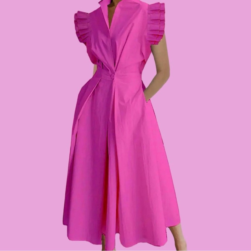 Elegant Pink Ruffle Sleeve Midi Dress